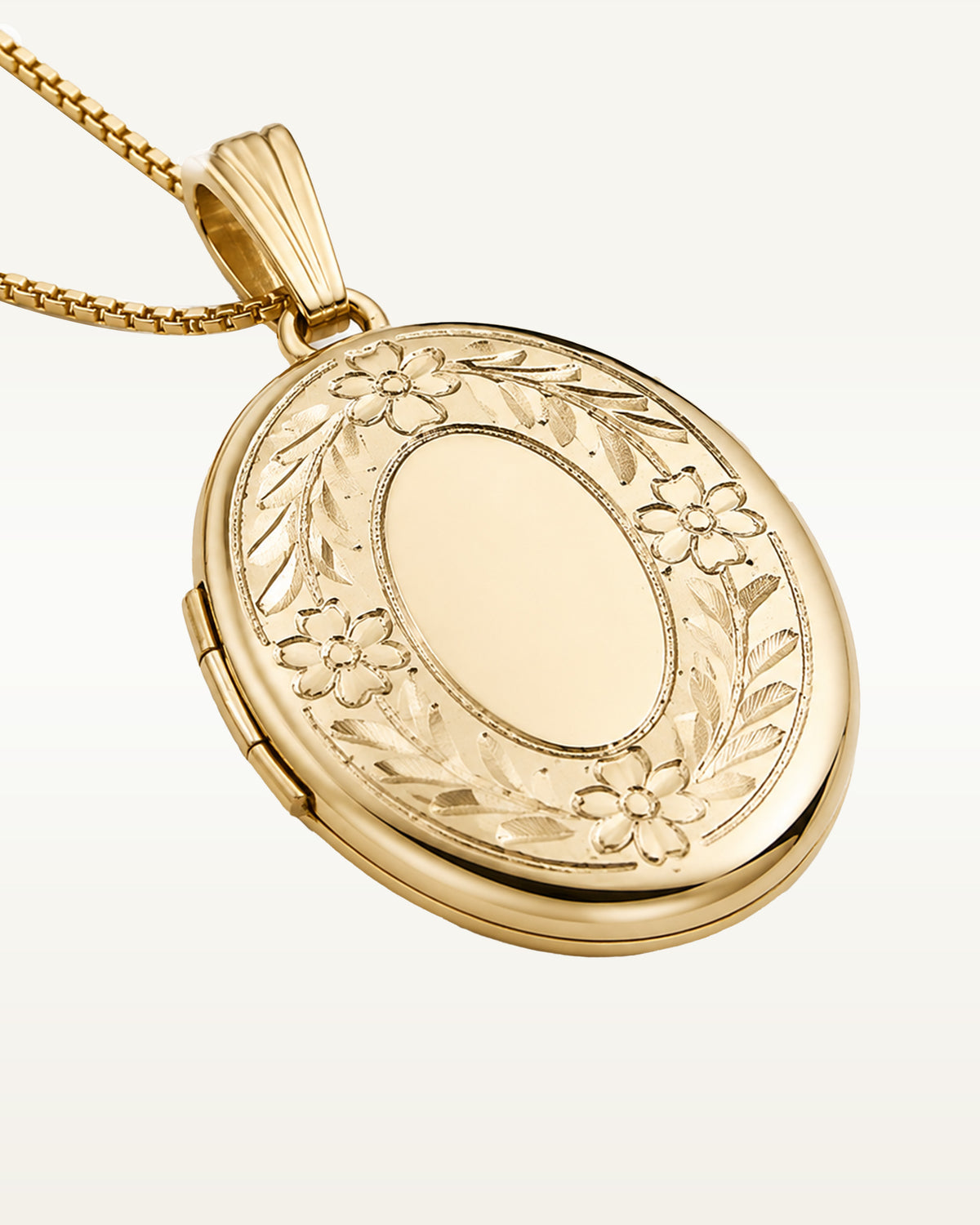 Solid 14K Yellow Gold Petite Oval Photo Locket with Floral Border