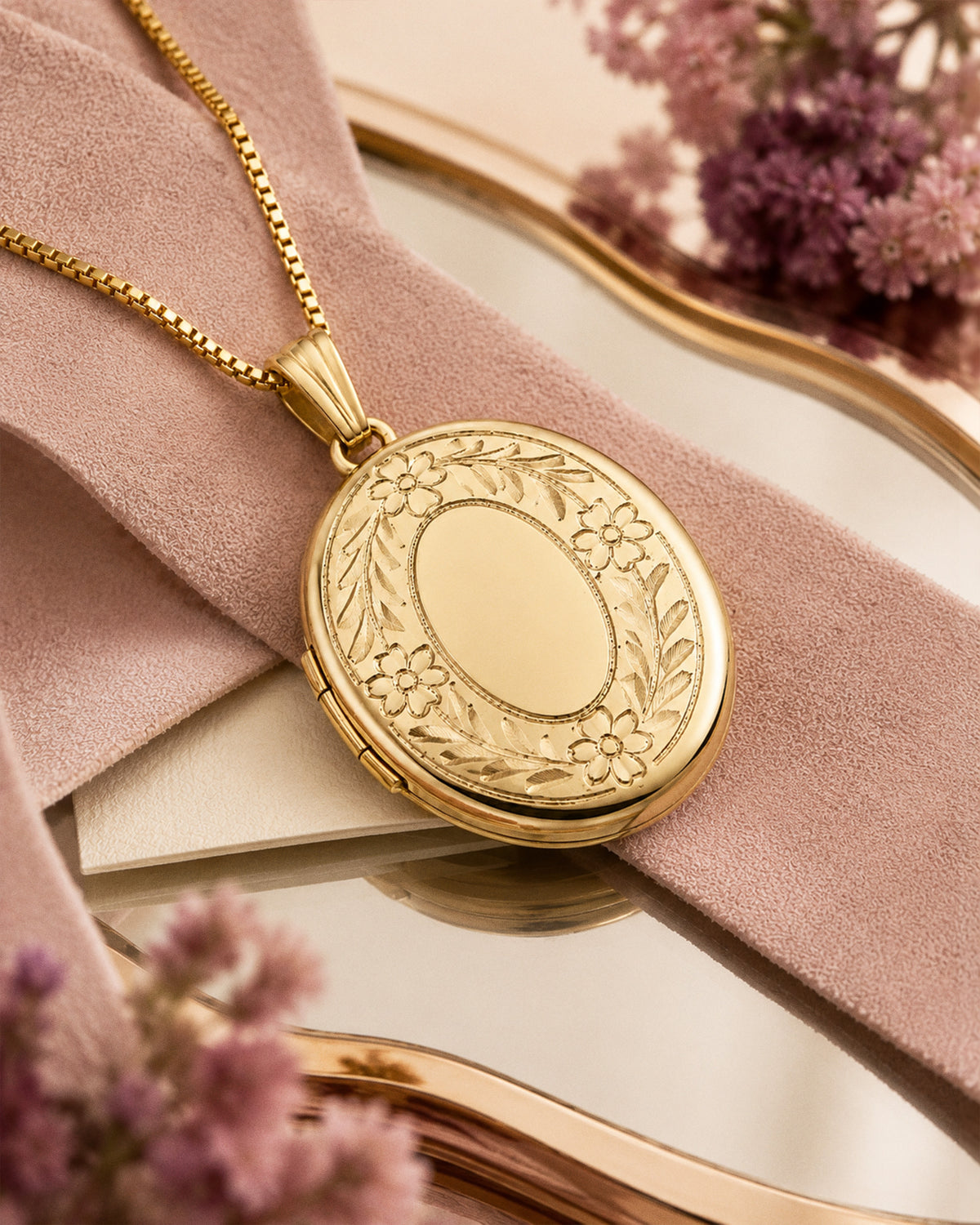 Solid 14K Yellow Gold Petite Oval Photo Locket with Floral Border - lifestyle