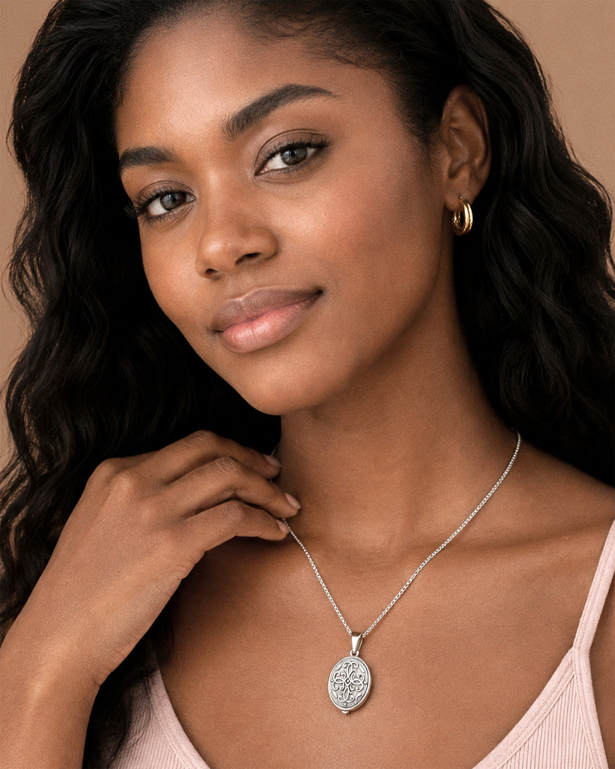 Sterling Silver Filigree Oval Locket - on model