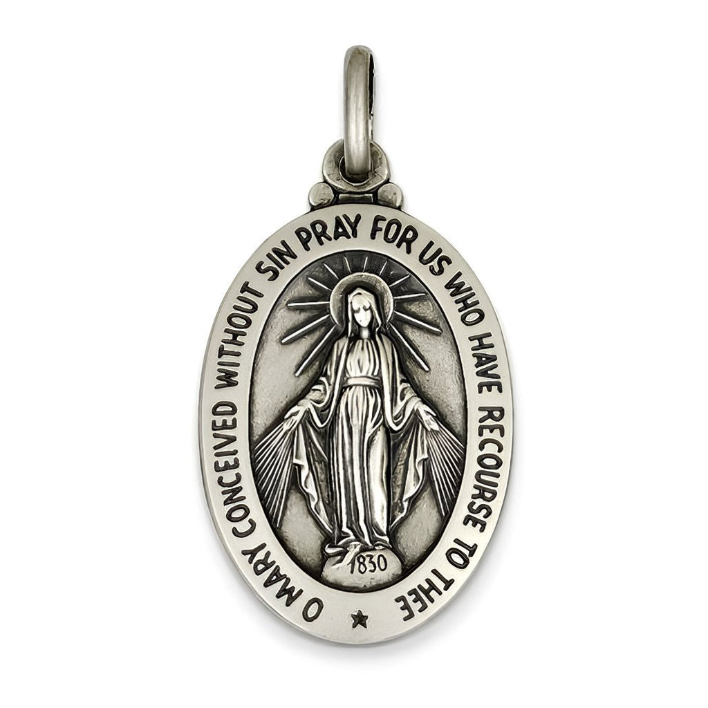 Sterling Silver Antiqued Miraculous Medal Pendant Charm