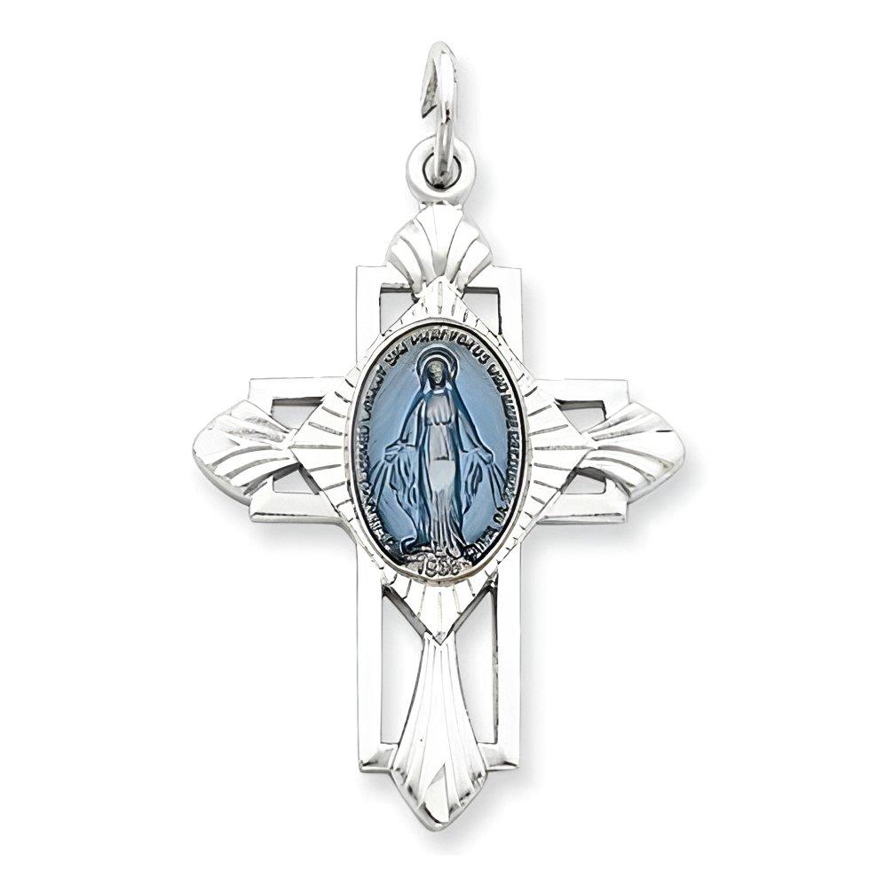 Sterling Silver Miraculous Religious Medal Cross Pendant w/ Epoxy Resin