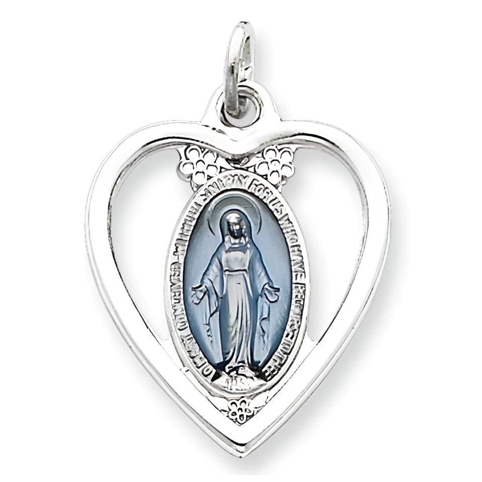 Sterling Silver Heart Shaped Cut-Out Miraculous Religious Medal Pendant w/ Epoxy Resin