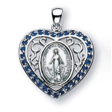 Sterling Silver Miraculous Medal w/ Synthetic Sapphires