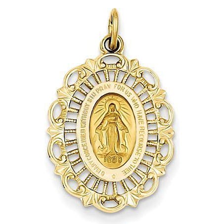 14K Yellow Gold Miraculous Medal Fancy Border Oval Pendant