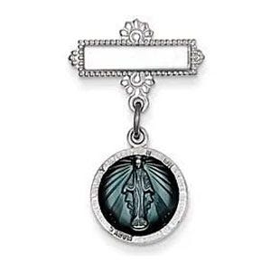 Sterling Silver Miraculous Medal Baptismal Brooch with Aqua Enamel