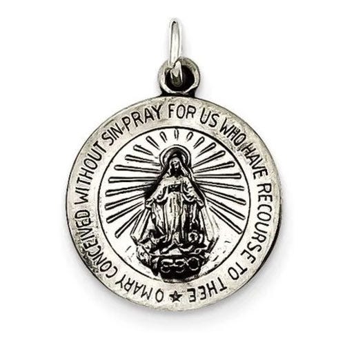 Sterling Silver Antiqued Petite Round Miraculous Religious Medal Pendant Charm