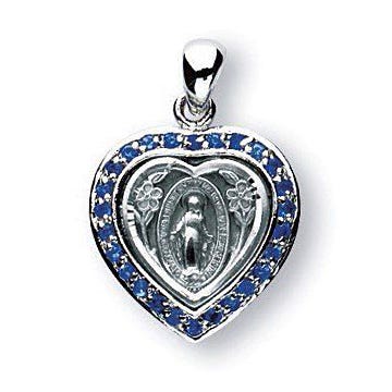 Sterling Silver Miraculous Medal w/ Synthetic Sapphires