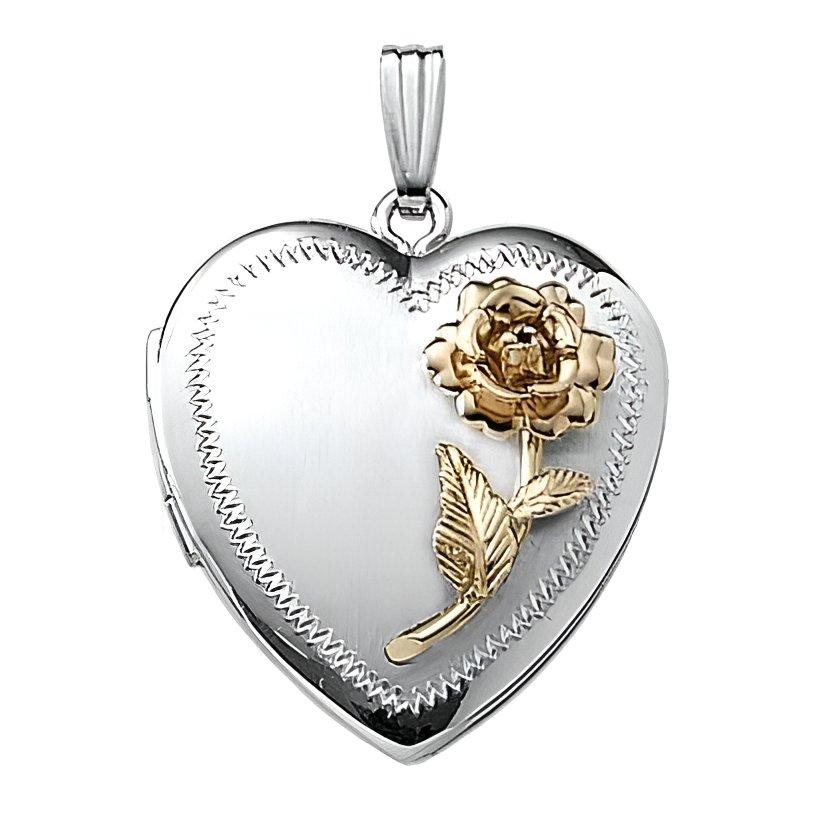 14k White Gold Two Tone Rose Heart Photo Locket