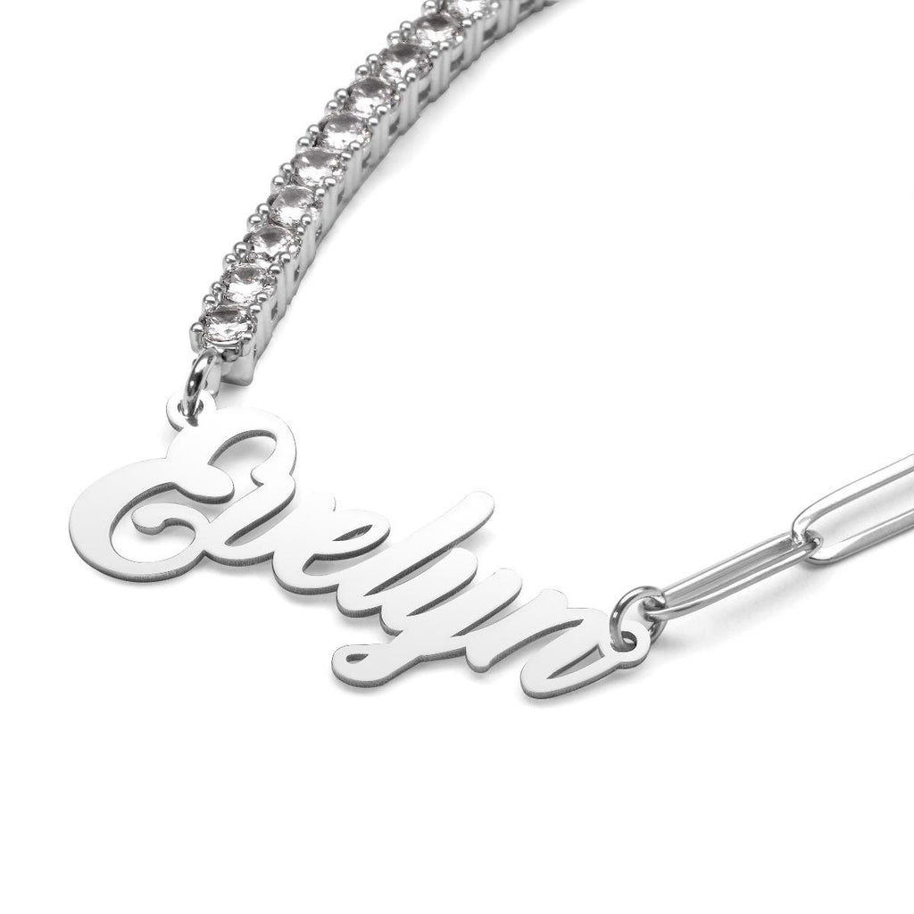 Half CZ Chain and Paper Clip Name Necklace
