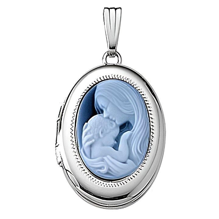 14k White Gold Mother & Child Cameo Oval Photo Locket
