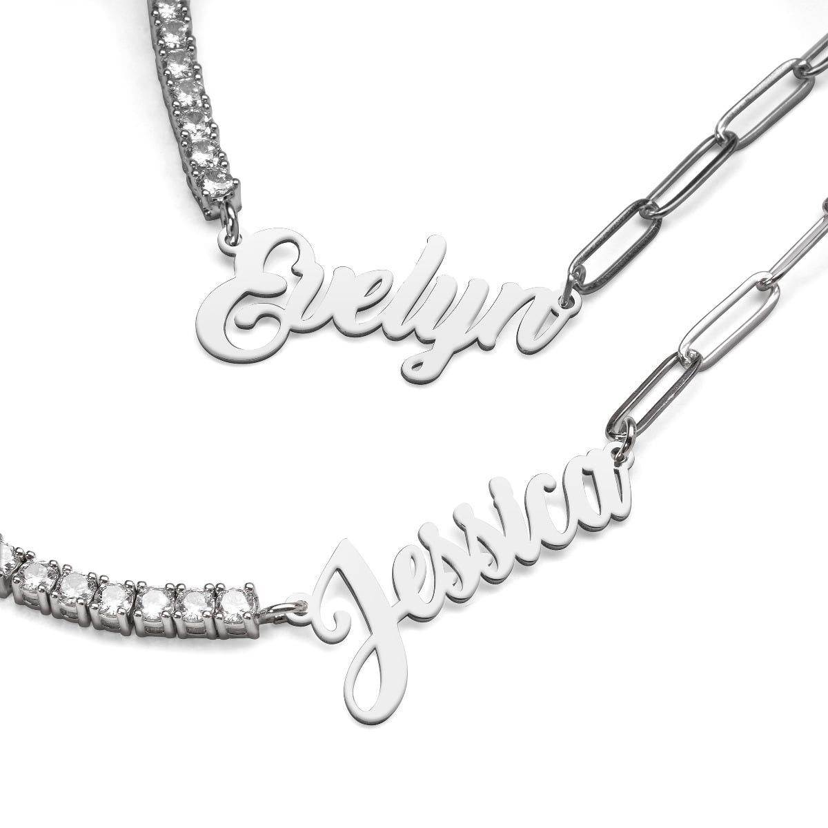Half CZ Chain and Paper Clip Name Necklace