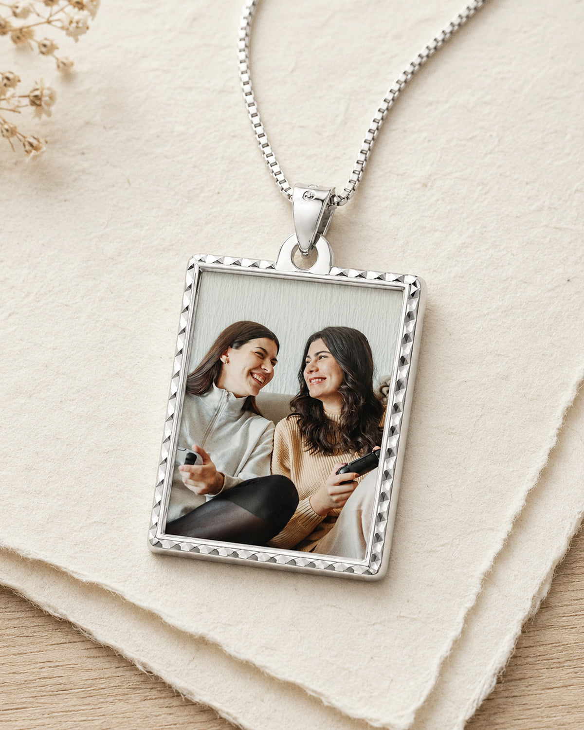 Petite Rectangle w/ Diamond Cut Edge Photo Pendant Charm - lifestyle