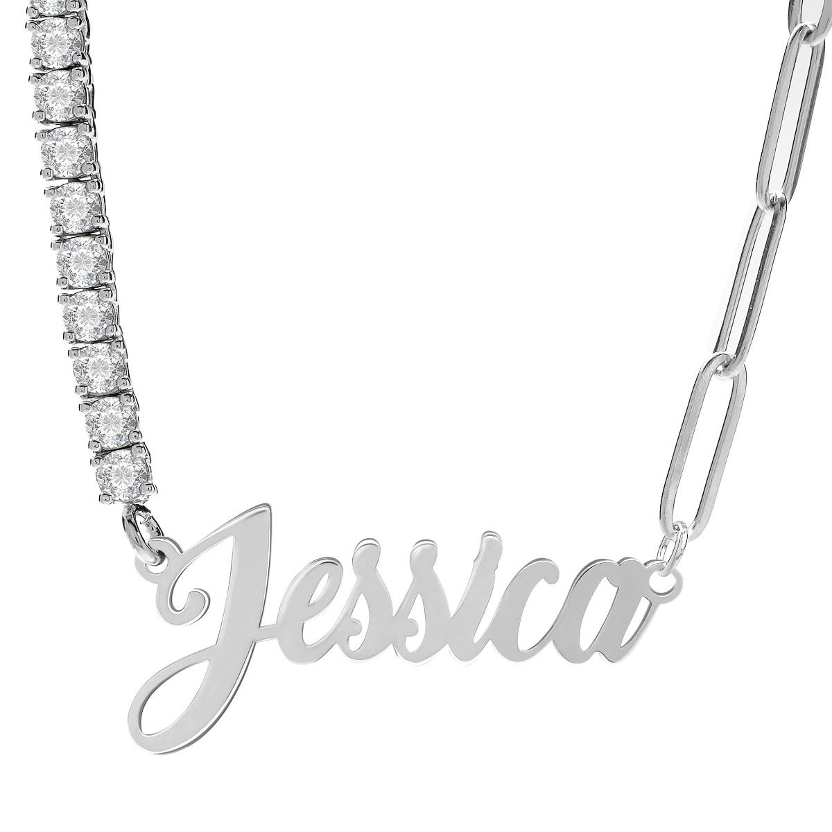 Half CZ Chain and Paper Clip Name Necklace