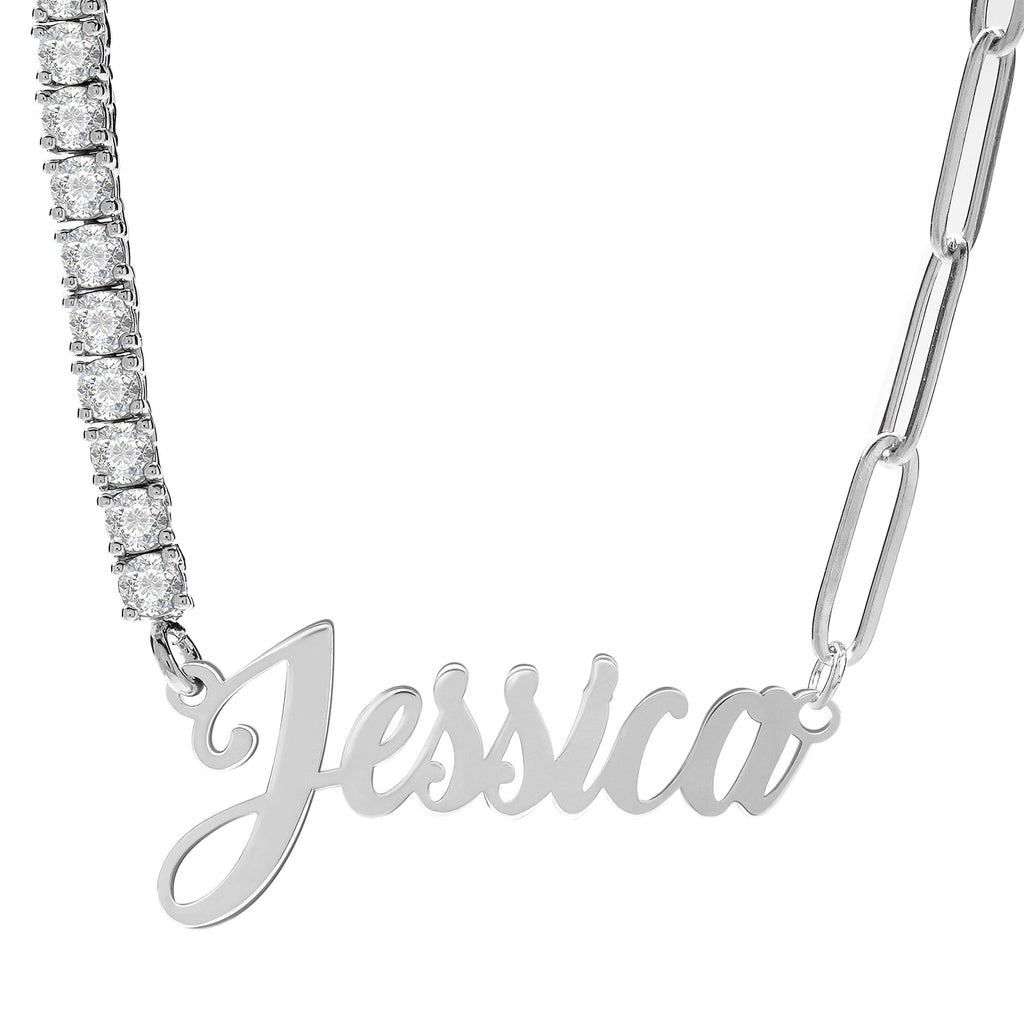 Half CZ Chain and Paper Clip Name Necklace