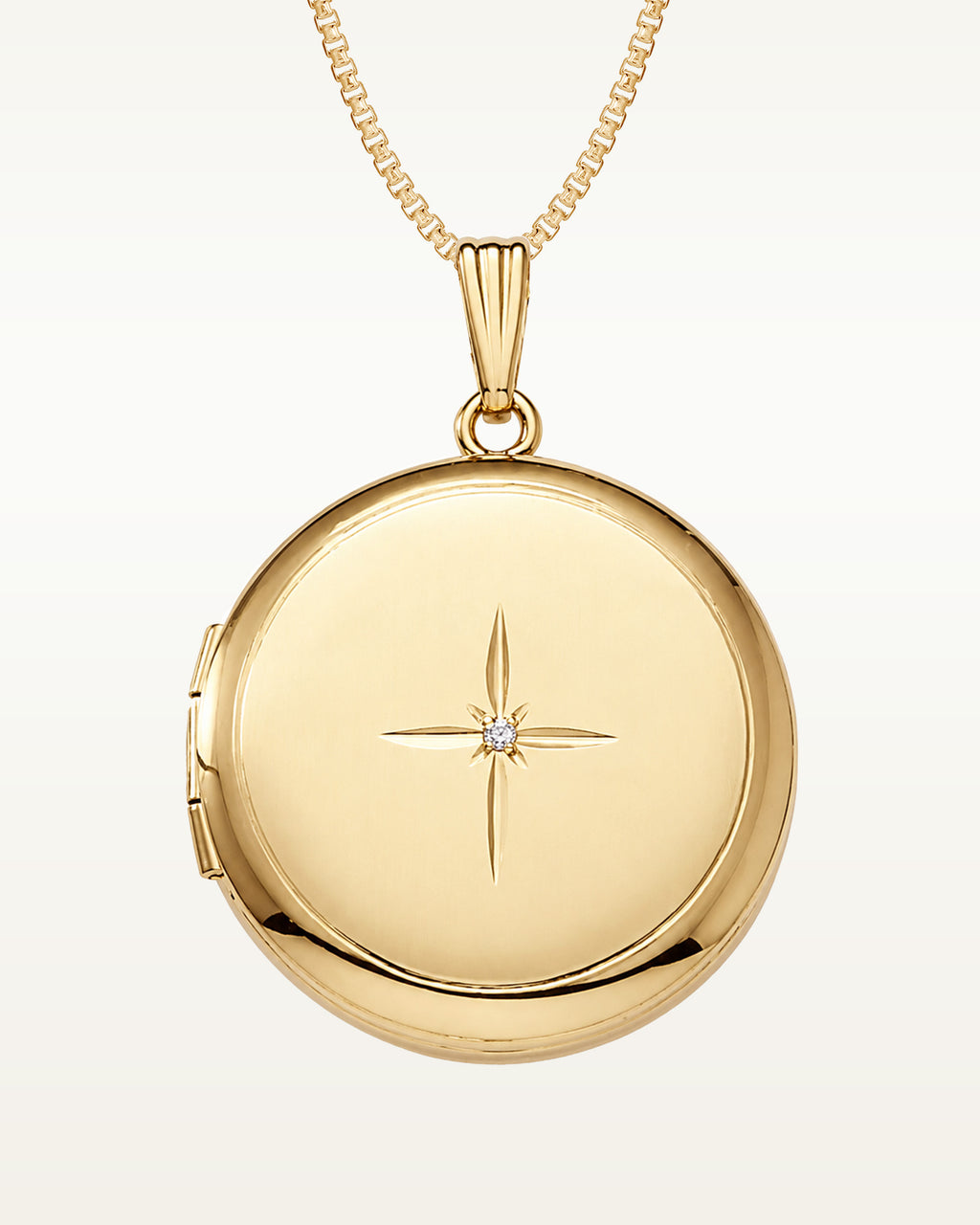 Solid 14k Yellow Gold Round Photo Locket with Diamond