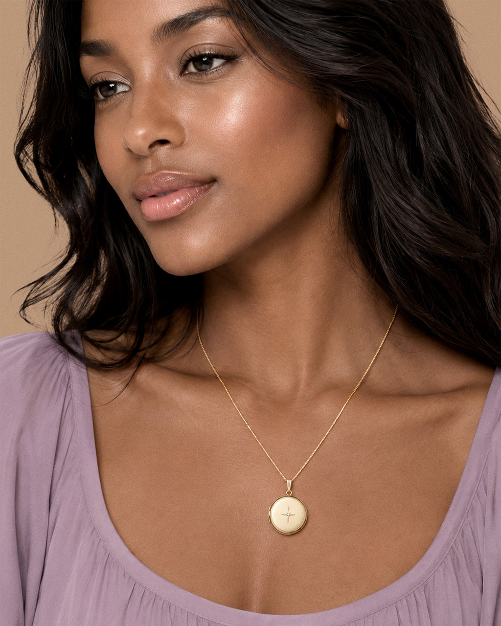 Solid 14k Yellow Gold Round Photo Locket with Diamond - on model