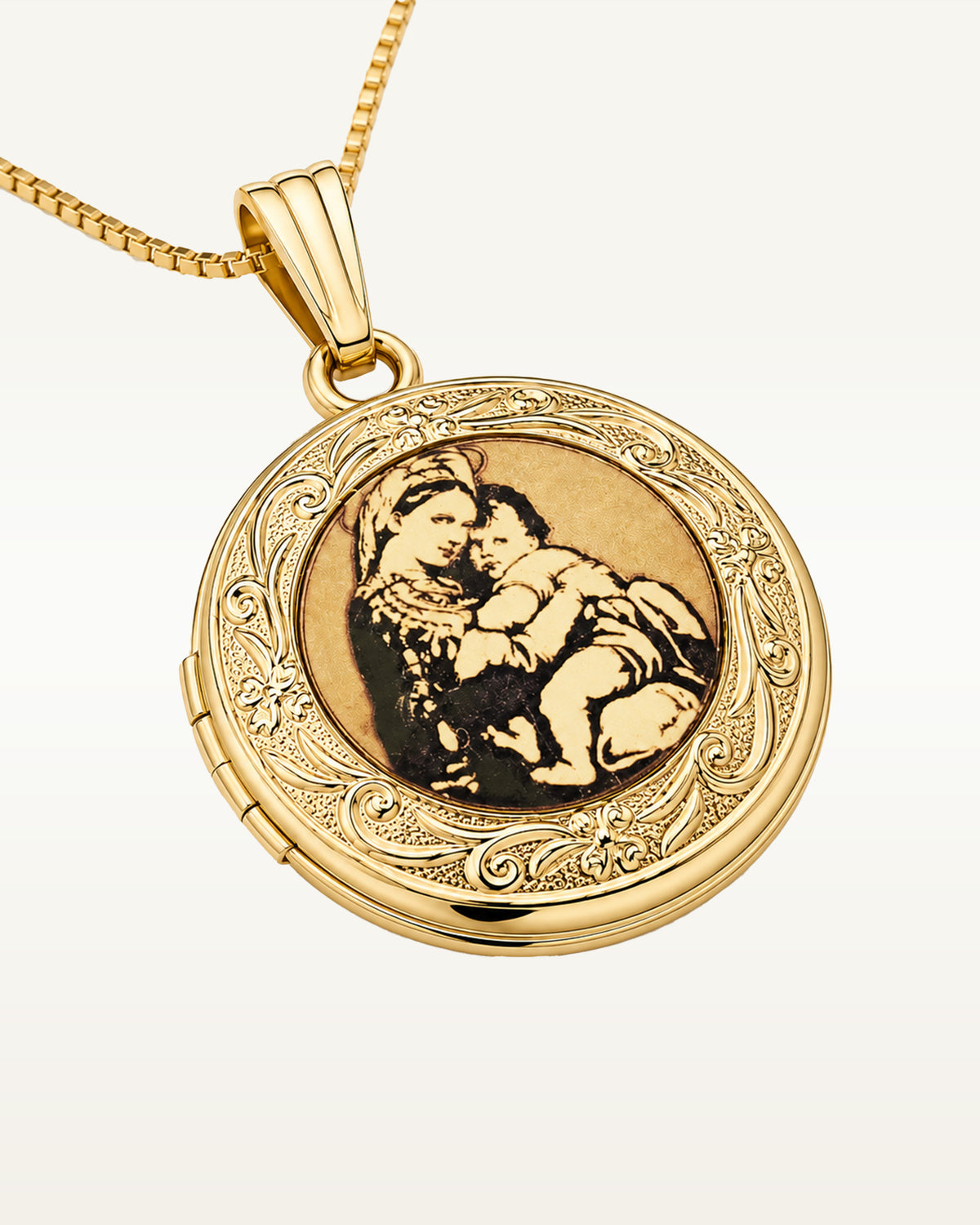 Solid 14k Yellow Gold Blessed Mother Round Photo Locket