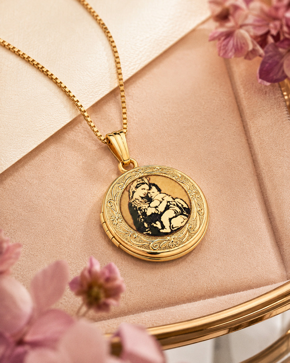Solid 14k Yellow Gold Blessed Mother Round Photo Locket - lifestyle