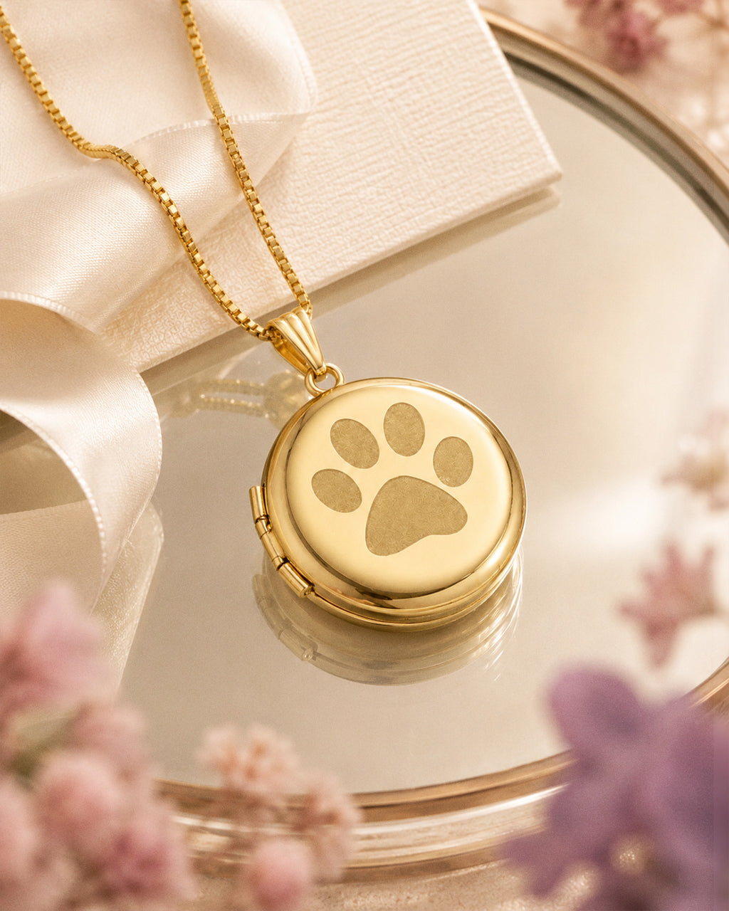 Solid 14k Yellow Gold Dog's Paw Print Round Photo Locket - lifestyle