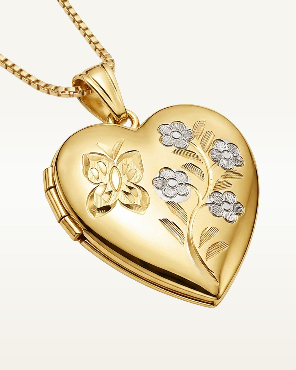 Solid 14K Yellow Gold Floral Heart Photo Locket