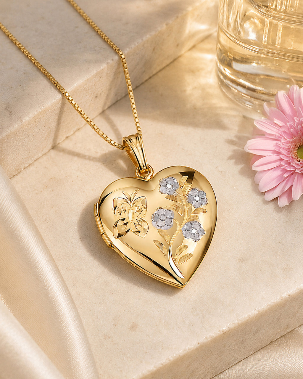 Solid 14K Yellow Gold Floral Heart Photo Locket - lifestyle