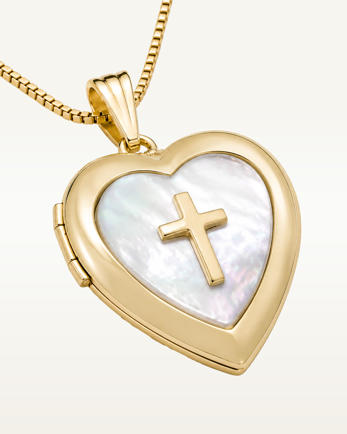 14k Yellow Gold Mother of Pearl & Cross Heart Photo Locket
