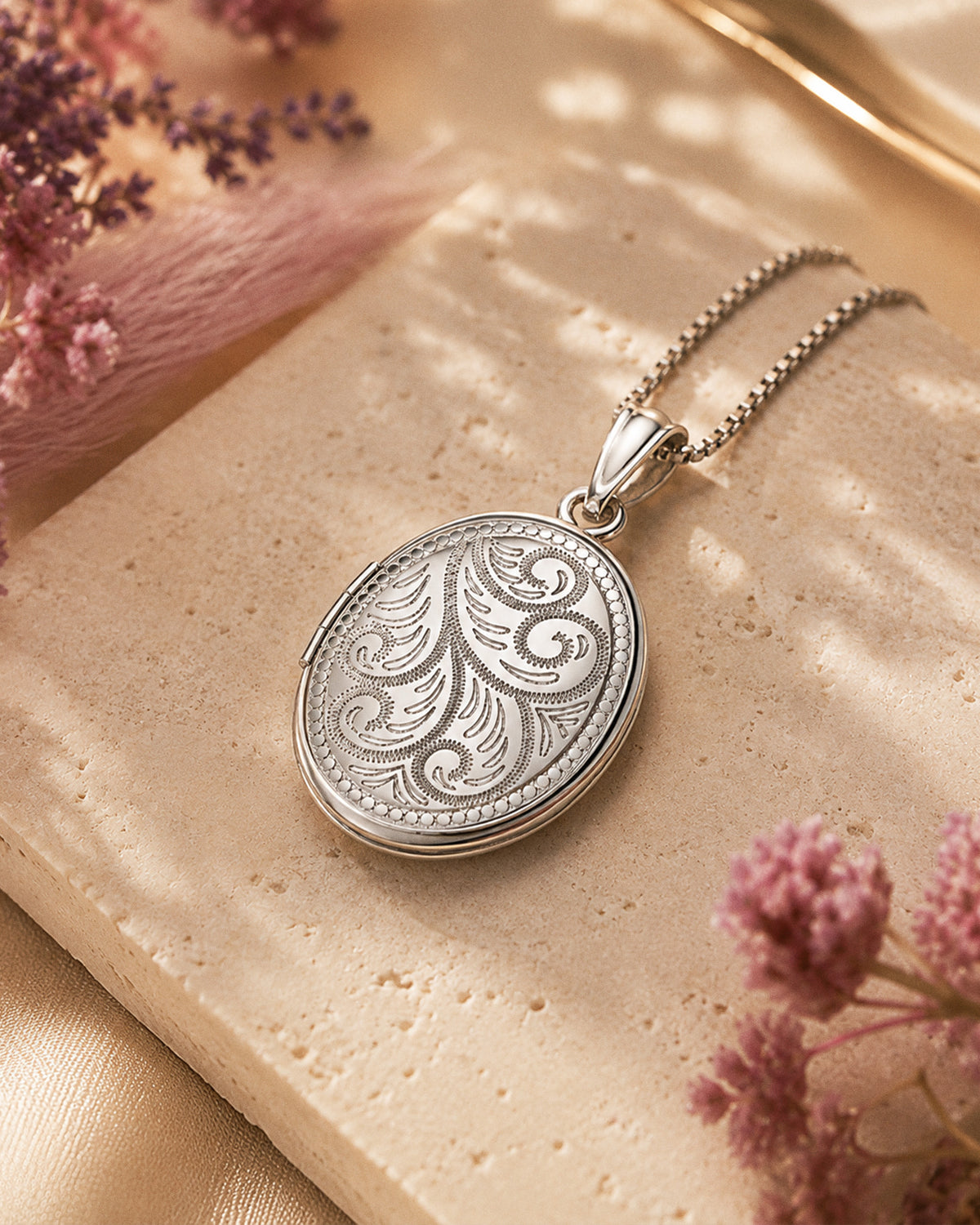 Sterling Silver Floral Oval Photo Locket - lifestyle