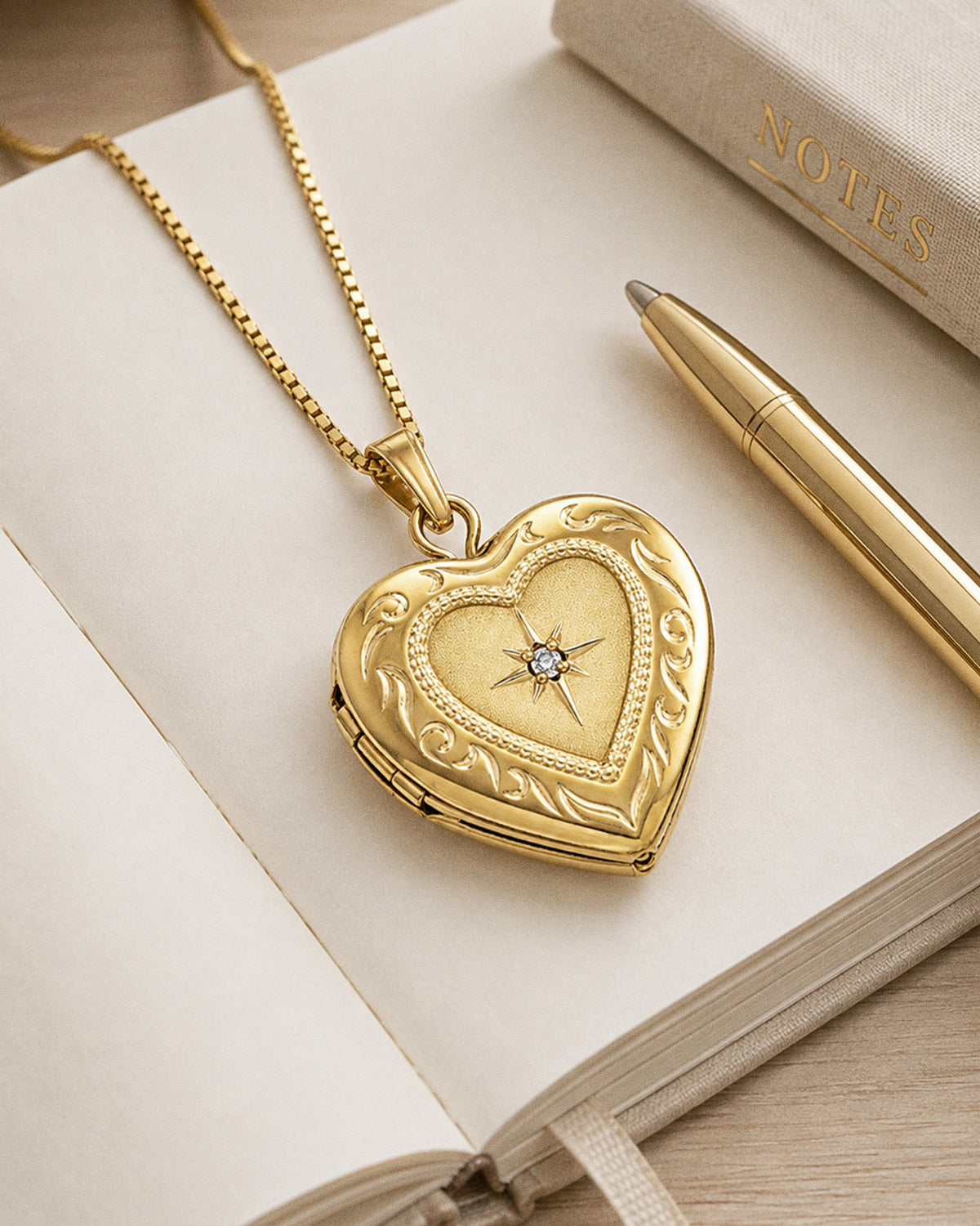 Solid 14K Yellow Gold Heart Photo Locket with Diamond - lifestyle