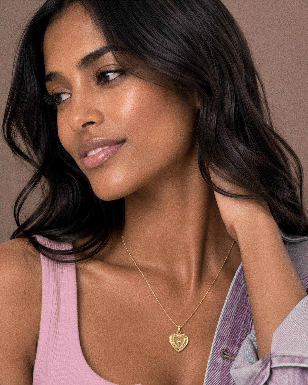 Solid 14K Yellow Gold Heart Photo Locket with Diamond - on model