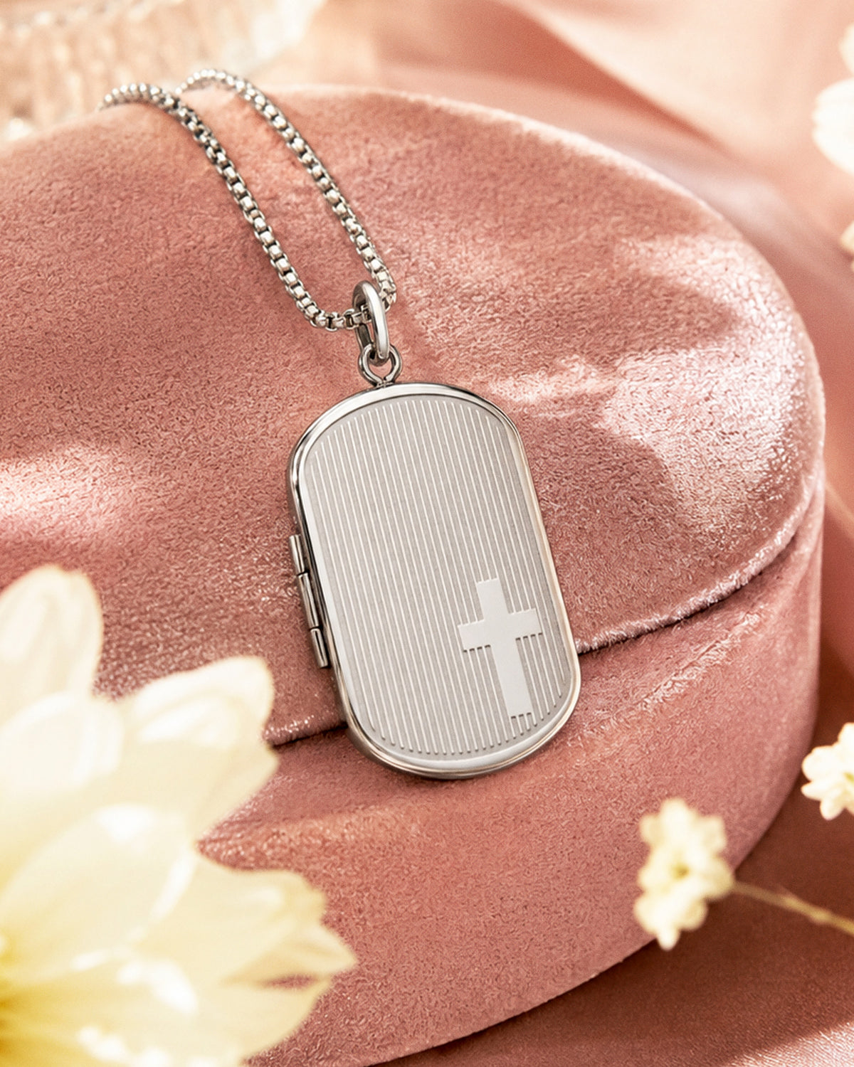 Sterling Silver Cross Dog Tag Photo Locket - lifestyle