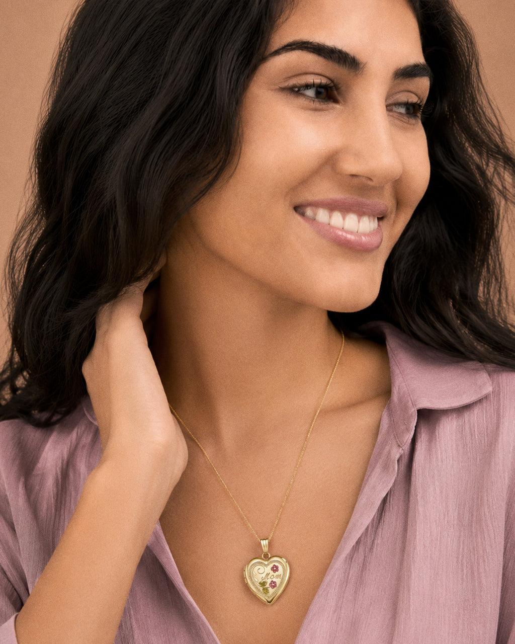 14k Gold Filled Mom Heart Photo Locket - 3/4 inch x 3/4 inch - on model