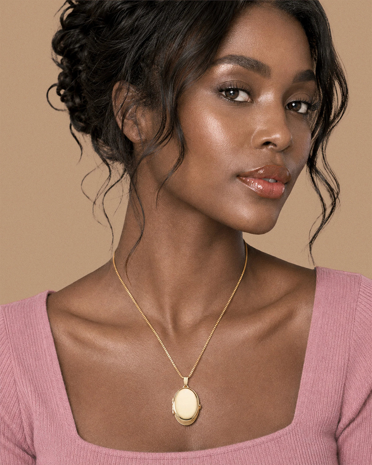 14k Gold Filled Oval 4 Photo Locket - on model