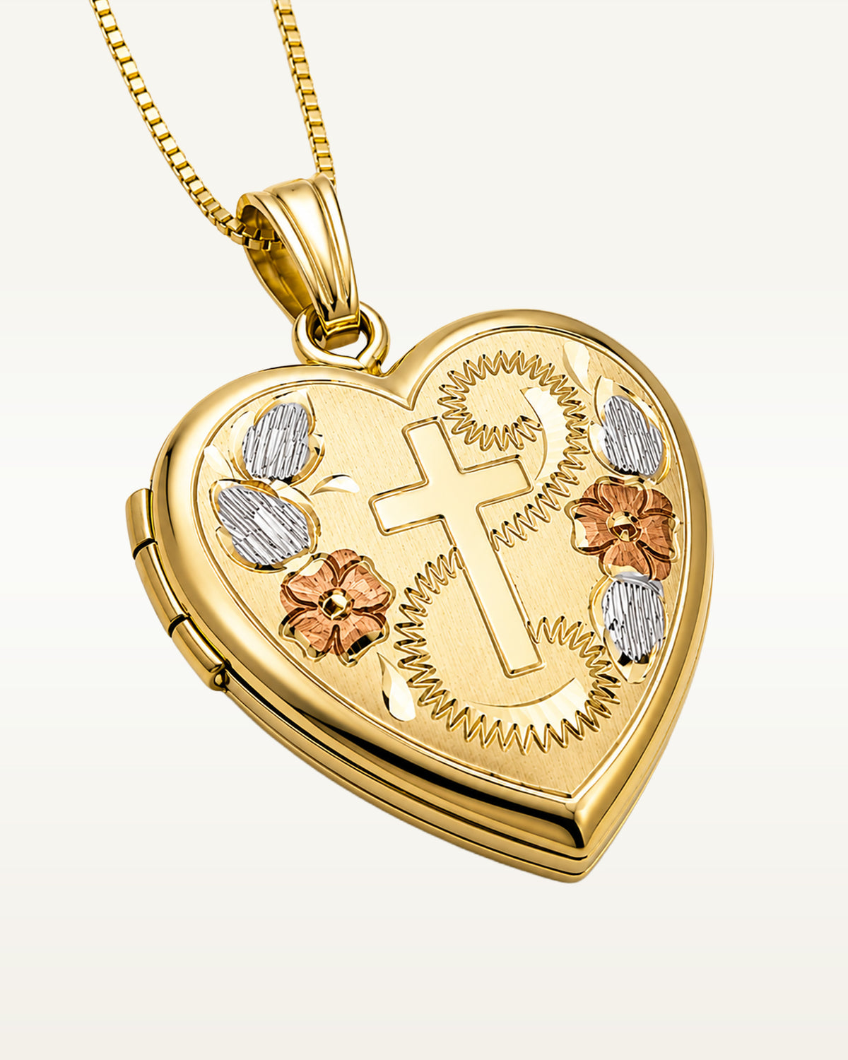 Solid 14K Yellow Gold Small Cross Heart Photo Locket
