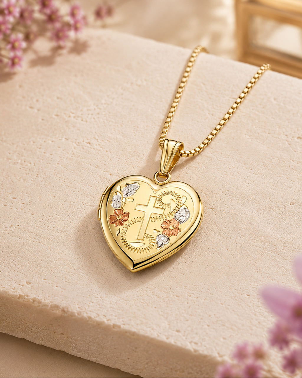 Solid 14K Yellow Gold Small Cross Heart Photo Locket - lifestyle