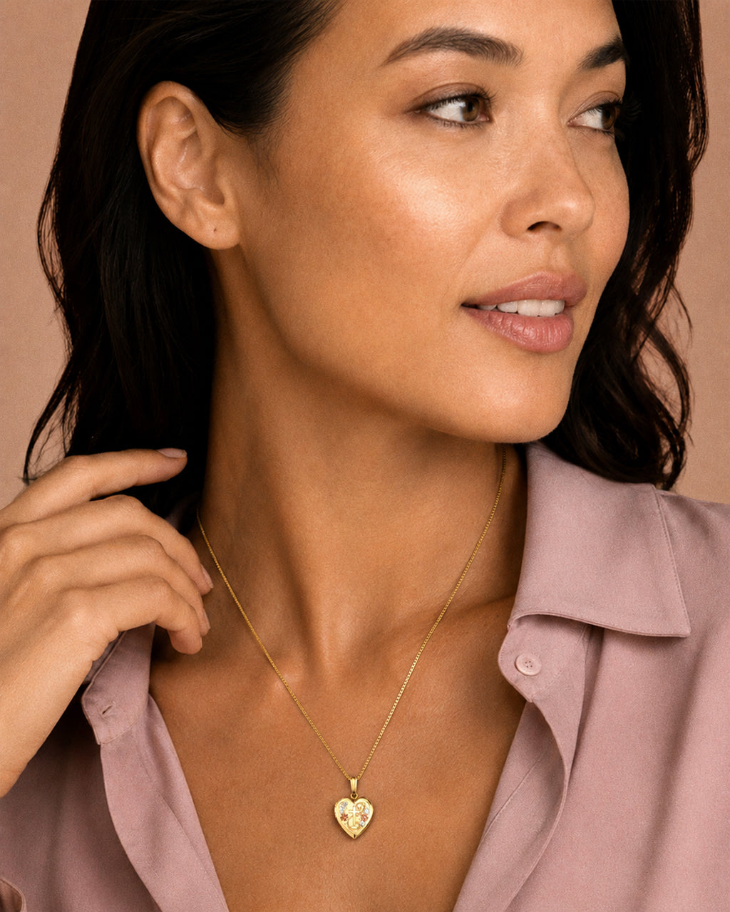 Solid 14K Yellow Gold Small Cross Heart Photo Locket - on model