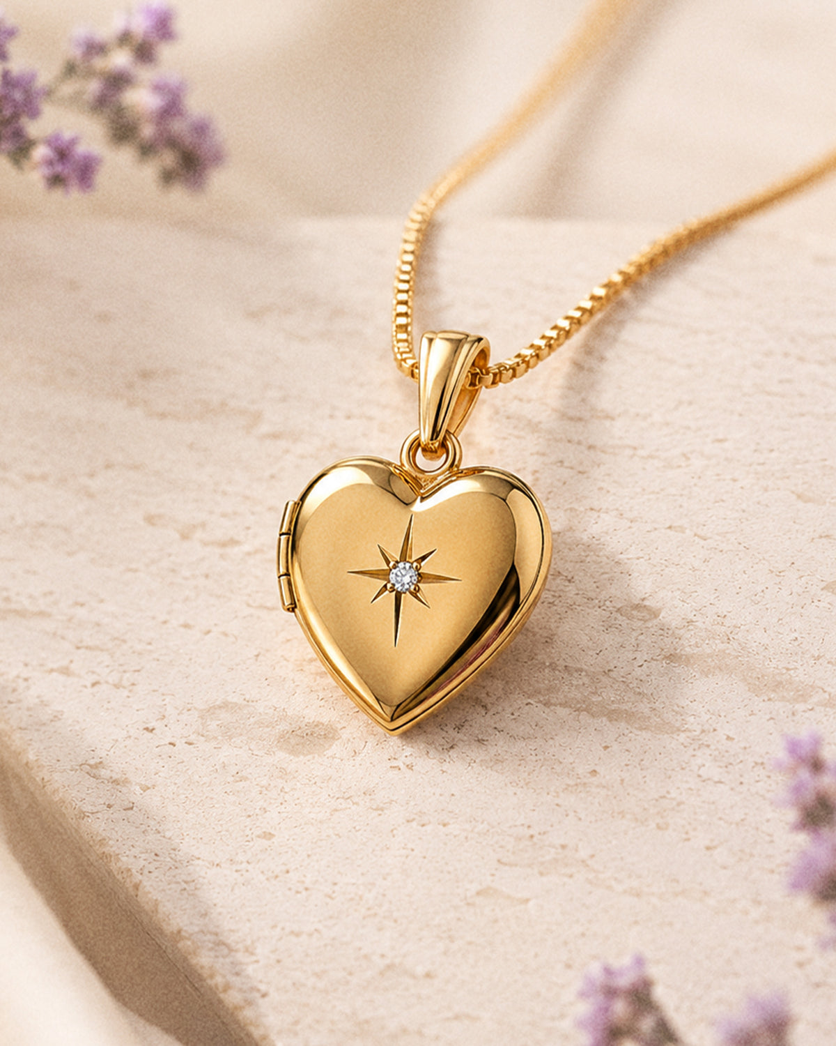 Solid 14K Yellow Gold Heart Locket with Diamond - lifestyle