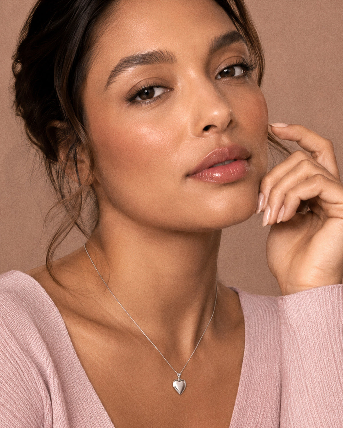 14K White Gold Small Heart Photo Locket - on model