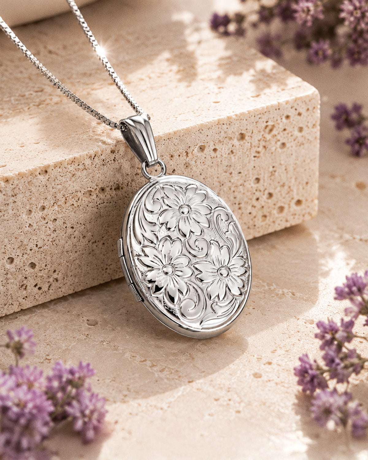 14k White Gold Floral Oval Photo Locket - lifestyle