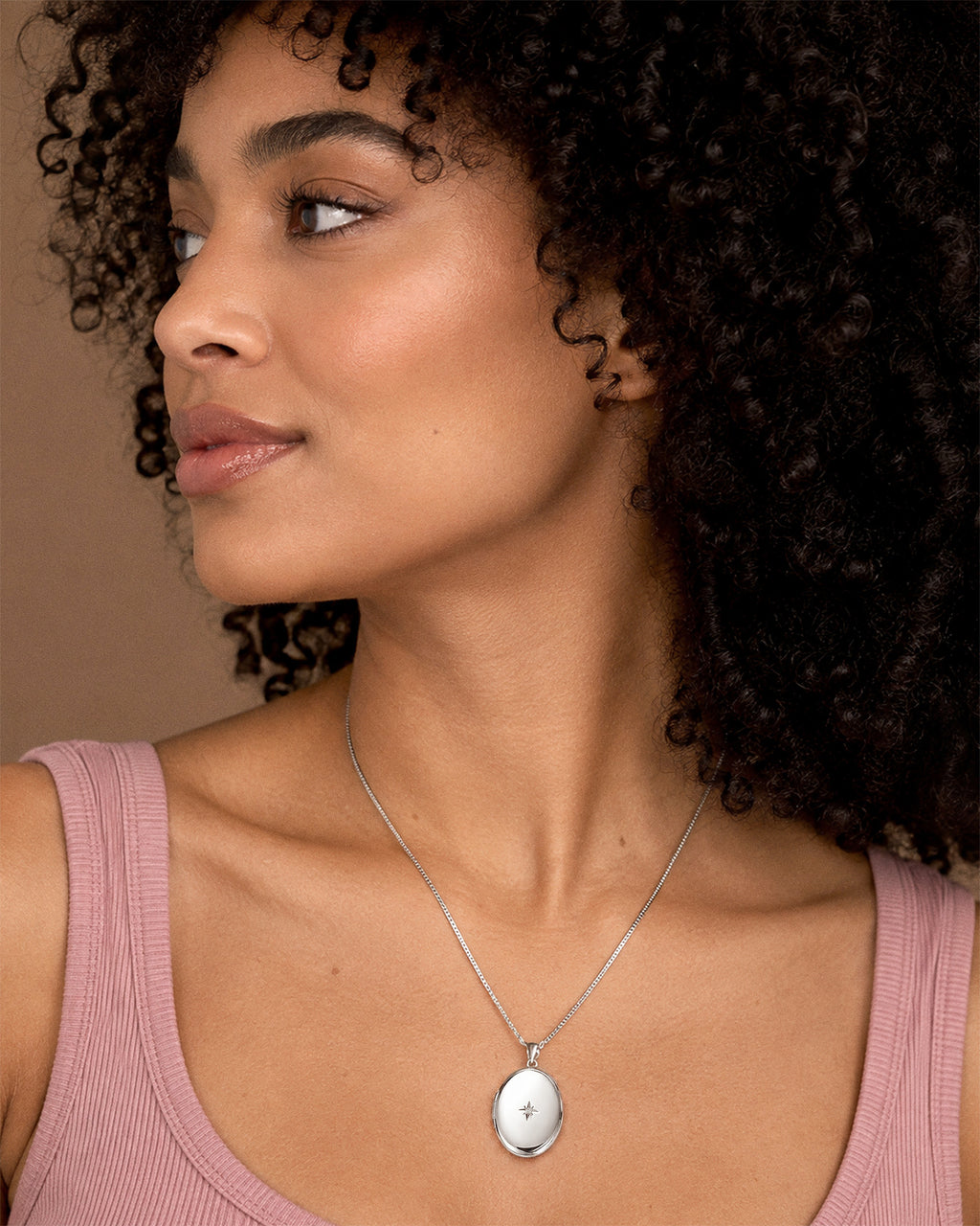 Sterling Silver Diamond Oval Photo Locket - on model