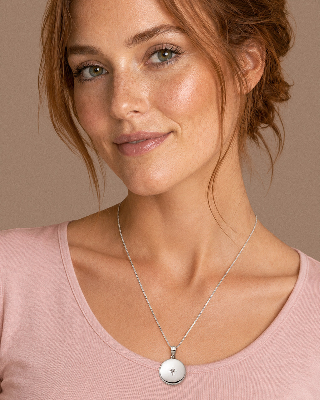 Sterling Silver Diamond Round Photo Locket - on model