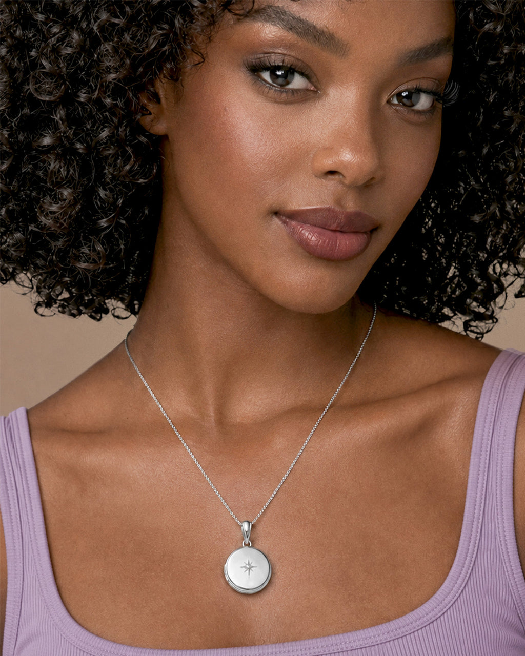 Sterling Silver Diamond Round Photo Locket - on model