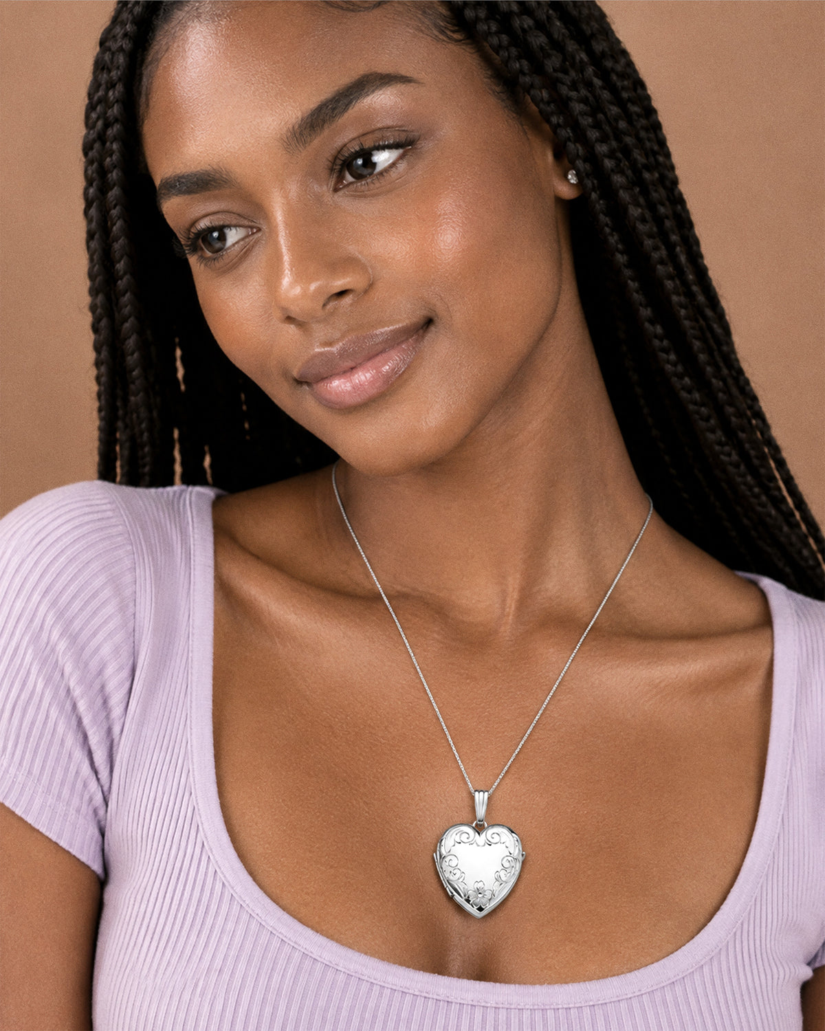14K White Gold Floral Heart Four Photo Locket - on model