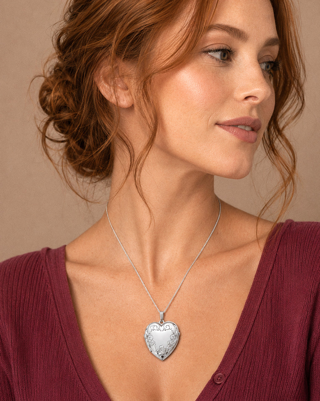14K White Gold Floral Heart Four Photo Locket - on model
