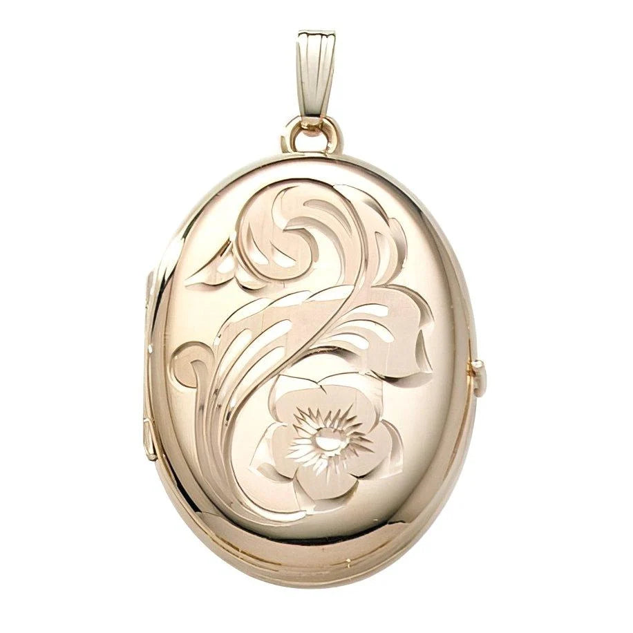 14K Gold Filled Floral Oval 4 Photo Locket - 1 inch x 1-1/4 inch