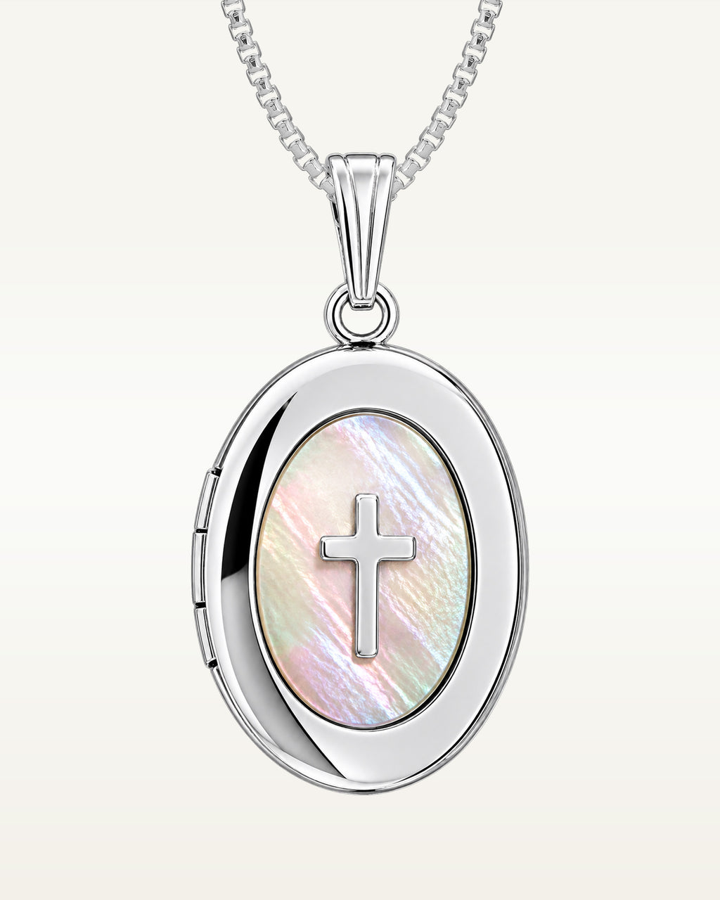14k White Gold Mother of Pearl Cross Oval Photo Locket