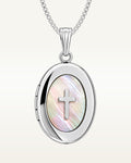 14k White Gold Mother of Pearl Cross Oval Photo Locket