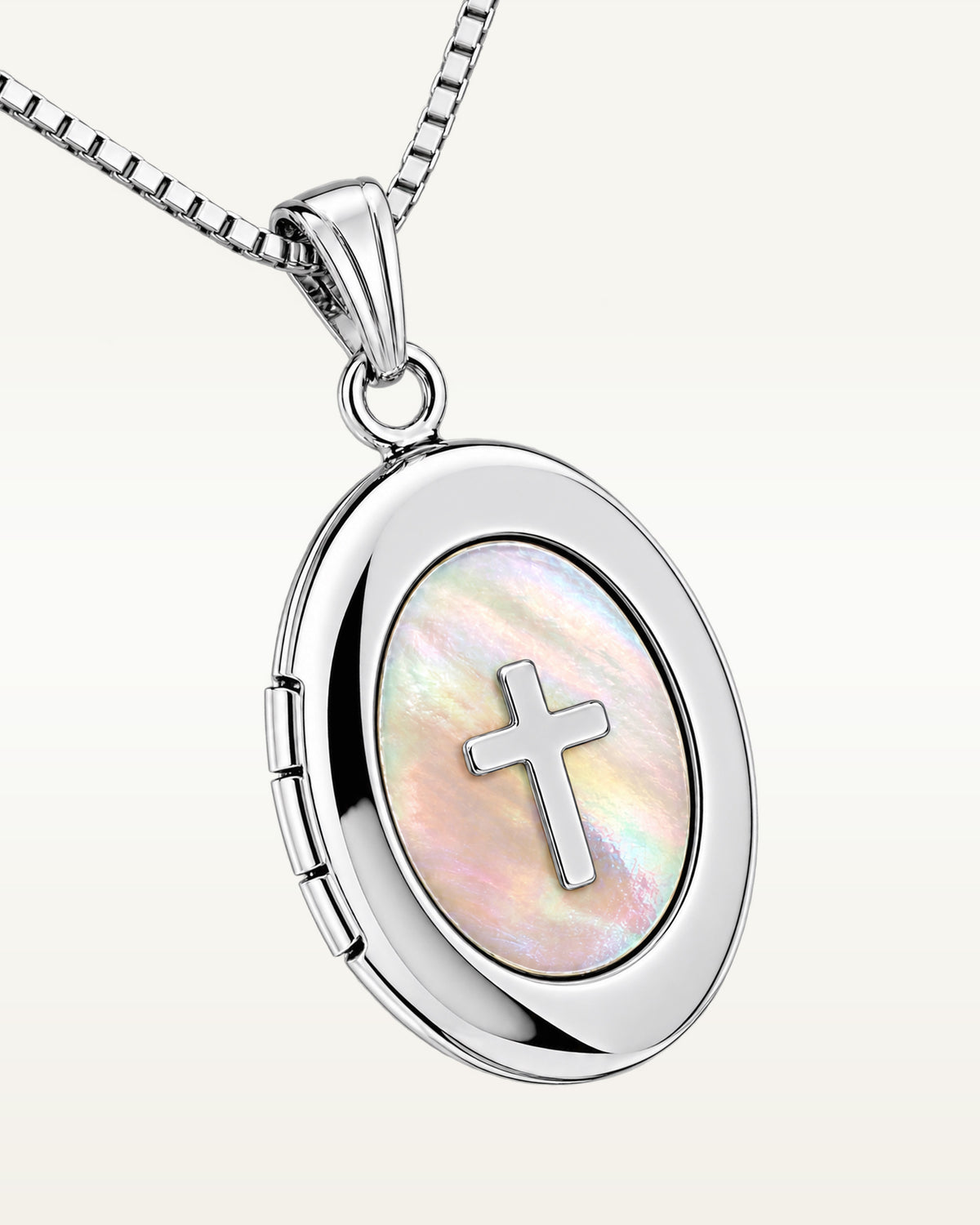 14k White Gold Mother of Pearl Cross Oval Photo Locket