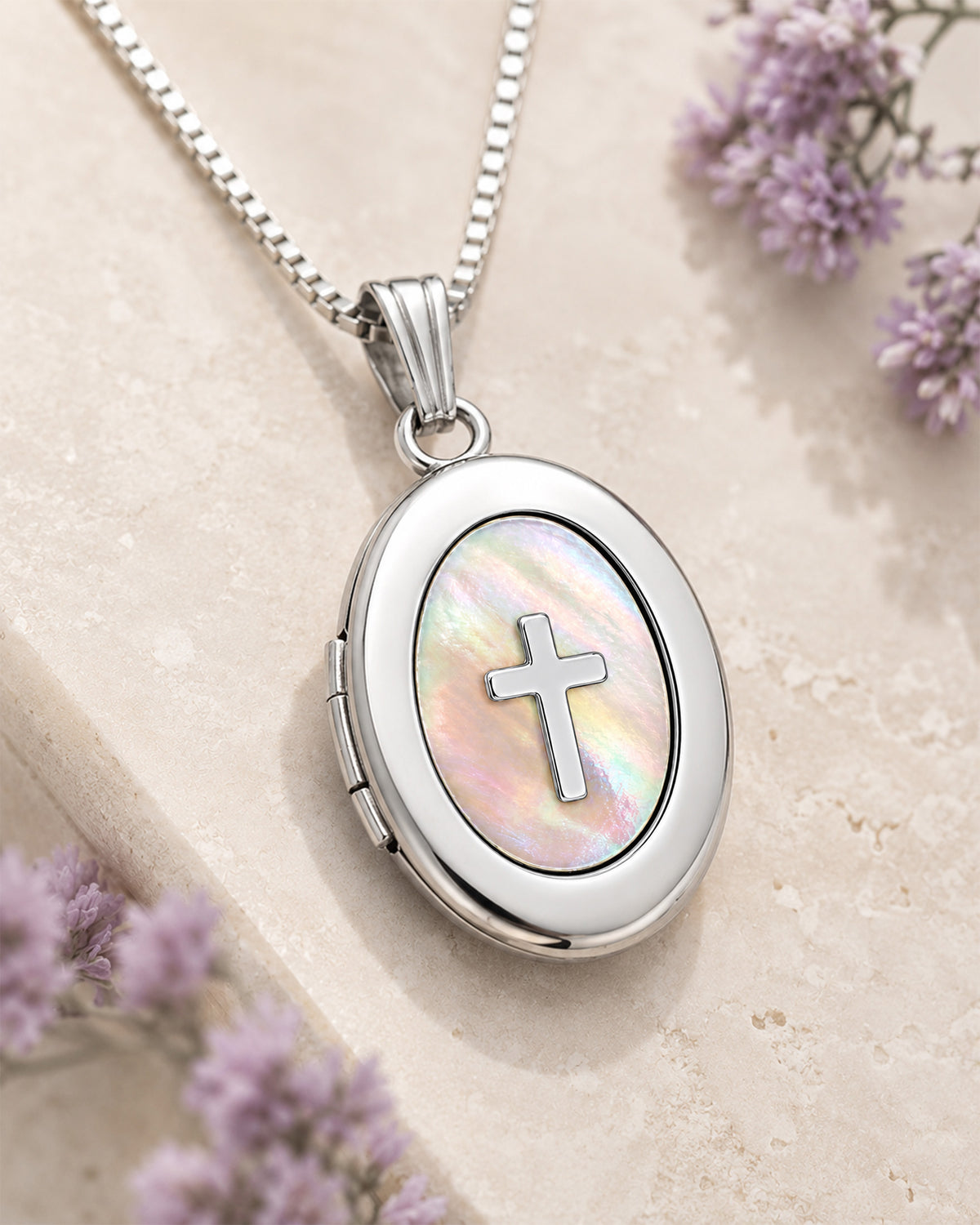 14k White Gold Mother of Pearl Cross Oval Photo Locket - lifestyle