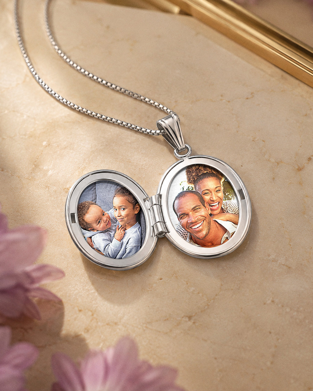 14k White Gold Mother of Pearl Cross Oval Photo Locket - lifestyle