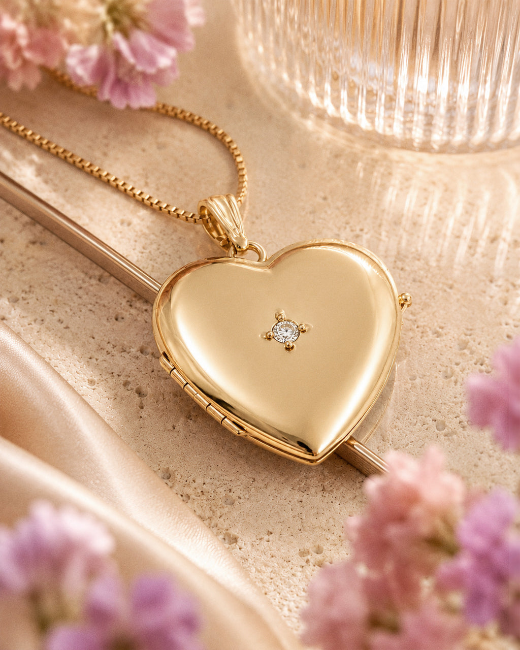 Solid 14k Yellow Gold Heart Photo Locket with Diamond - lifestyle